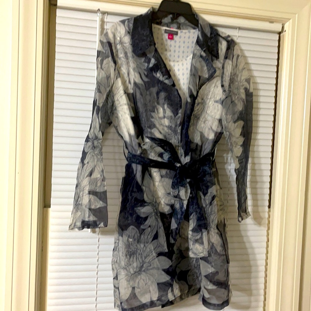VINCE CAMUTO ORGANZA BLAZER TRENCH COAT MEDIUM SHEER NAVY BLUE TOP LARGE RARE